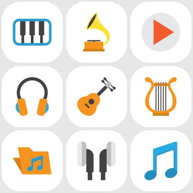 Müzik düz simgeler kümesi. Akustik, sesi, Shellac ve diğer öğeleri koleksiyonu. De gramofon, enstrüman, Filarmoni gibi simgeler içerir.