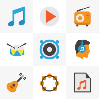 Müzik düz simgeler kümesi. Yayın, erkek, hoparlör ve diğer öğeleri koleksiyonu. Ayrıca Not, radyo, sesi gibi simgeler içerir.