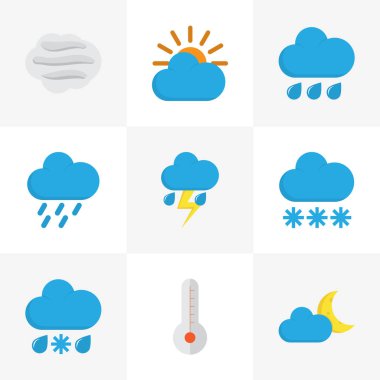 Meteoroloji düz simgeler kümesi. Yağmur, kar, Drizzles ve diğer öğeleri koleksiyonu. Ayrıca güneş, termometre, Flash gibi simgeler içerir.