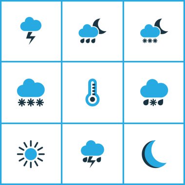 Hava renkli simgeler kümesi. Soğuk hava, termometre, gece ve diğer öğeleri koleksiyonu. Ayrıca soğuk termometre, termostat, gibi simgeler içerir.