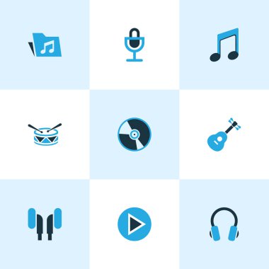 Ses renkli simgeler kümesi. Kulaklık, davul, mikrofon ve diğer öğeleri koleksiyonu. Ayrıca pikap, kulaklık, vinil gibi simgeler içerir.