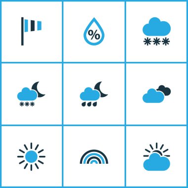 Meteoroloji Icons Set renkli. Blizzard, bulutlu, ark ve diğer öğeleri koleksiyonu. Ayrıca bulutlu, yüzde, kar yağışı gibi simgeler içerir.