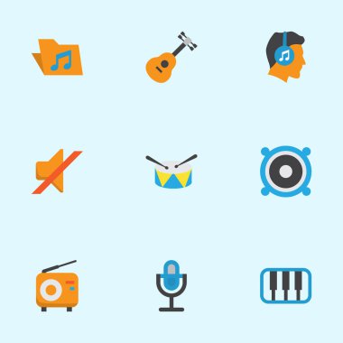 Müzik düz simgeler kümesi. Grup, Karaoke, akustik öğeleri koleksiyonu. Ayrıca simgeleri gibi sessiz, müzik, piyano içerir.