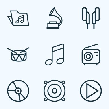 Multimedya özetliyor ayarlayın. Plastik, kablosuz, varil ve diğer öğeleri koleksiyonu. Ayrıca daire, kulaklık, melodi gibi simgeler içerir.