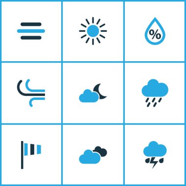 İklim Icons Set renkli. Nem, fırtına, Rüzgar hızı ve diğer öğeleri koleksiyonu. Ayrıca nem, çiseleyen yağmur, bulutlu gibi simgeler içerir.