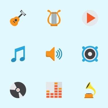 Müzik düz simgeler kümesi. Sesi, akustik, Shellac ve diğer öğeleri koleksiyonu. Ayrıca Not, hacim, sesi gibi simgeler içerir.