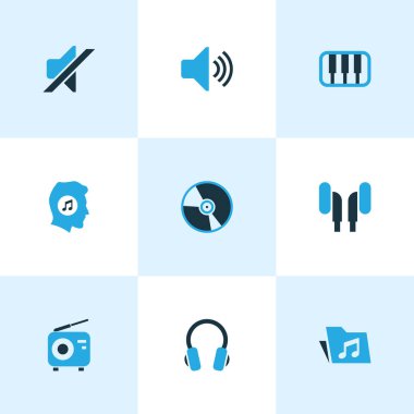 Ses renkli simgeler kümesi. Piyano, klasör, vinil ve diğer öğeleri koleksiyonu. Ayrıca Fm, kulaklık, klasör gibi simgeler içerir.