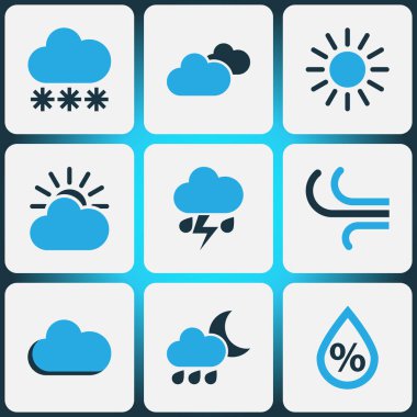 İklim Icons Set renkli. Güneşli topluluğu, kar yağışı, nem ve diğer öğeleri. Ayrıca yüzde, fırtına, güneş gibi simgeler içerir.
