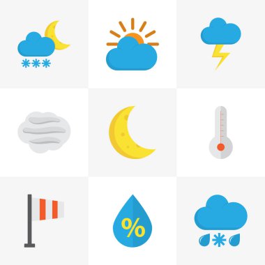 Doğa düz simgeler kümesi. Güneşli topluluğu, damla, rüzgarlı ve diğer öğeleri. Ayrıca, bayrak, bayrak, termometre gibi simgeler içerir.