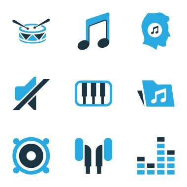 Müzik Icons Set renkli. Hoparlör, müzik aşığı, piyano ve diğer öğeleri koleksiyonu. Ayrıca araç, sessiz, dikkat gibi simgeler içerir.