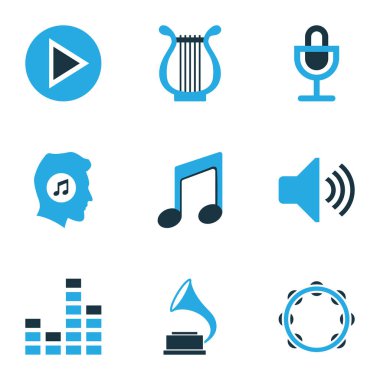 Multimedya renkli simgeler kümesi. Müzik aşığı, oyun, Harp ve diğer öğeleri koleksiyonu. Ayrıca sevgilisi, ses, dikkat gibi simgeler içerir.