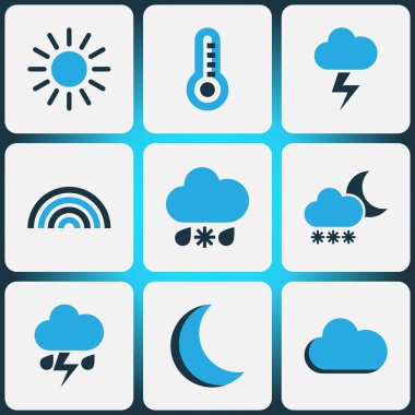 İklim Icons Set renkli. Sis, fırtına, soğuk hava ve diğer öğeleri koleksiyonu. Ayrıca sembolleri gibi içerir güneşli, kar yağışı, ay ışığı.