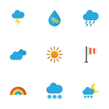 Hava düz simgeler kümesi. Ayaz topluluğu, güneş, yay ve diğer öğeler. Ayrıca fırtına, bulutlu, damla gibi simgeler içerir.