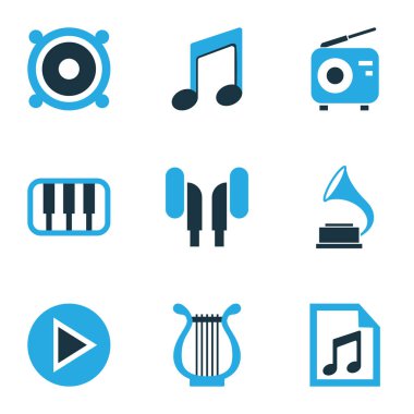 Müzik Icons Set renkli. Radyo, çalma listesi, hoparlör ve diğer öğeleri koleksiyonu. Ayrıca kulaklık, gramofon, radyo gibi simgeler içerir.
