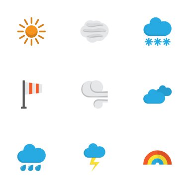 Doğa düz simgeler kümesi. Fırtına, flaş, kar ve diğer öğeleri koleksiyonu. Ayrıca sembolleri gibi içerir yağmurlu, sıcak, yıldırım.