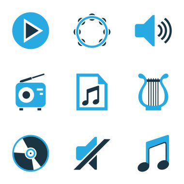 Multimedya renkli simgeler kümesi. Tef, radyo, vinil ve diğer öğeleri koleksiyonu. Ayrıca çalma listesi, sessiz, lir gibi simgeler içerir.