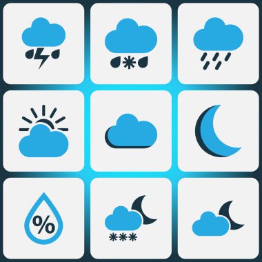 Doğa Icons Set renkli. Gece, yağmur fırtınası, nem ve diğer öğeleri koleksiyonu. Ayrıca yağmur, soğuk, çiseleyen yağmur gibi simgeler içerir.