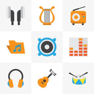 Multimedya düz simgeler kümesi. Yayın, grup, Portföy öğeleri koleksiyonu. Ayrıca müzik, kontrol, gitar gibi simgeler içerir.