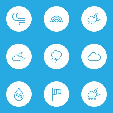 Doğa Ana hatlarıyla küme. Damla, yıldırım, gökkuşağı ve diğer öğeleri koleksiyonu. Ayrıca ay, yağmur, renklilik gibi simgeler içerir.