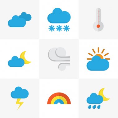 Hava düz simgeler kümesi. Hilal, bulutlu, yay ve diğer öğeleri koleksiyonu. Ayrıca termometre, Rüzgar, yağmur gibi simgeler içerir.