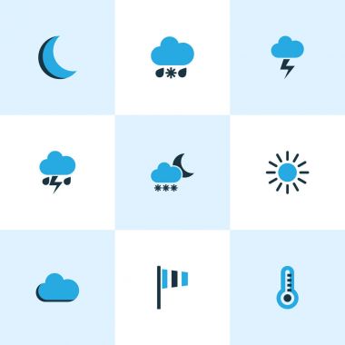 İklim Icons Set renkli. Soğuk hava, Rüzgar hızı, güneşli ve diğer öğeleri koleksiyonu. Ayrıca Blizzard, Moon, Night gibi simgeler içerir.