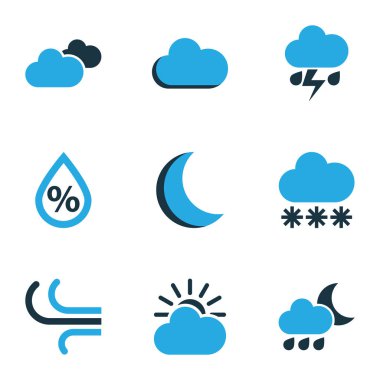 İklim Icons Set renkli. Bulutlu gökyüzü, nem, Rüzgar ve diğer öğeleri koleksiyonu. Ayrıca damla, Bora, ay gibi simgeler içerir.
