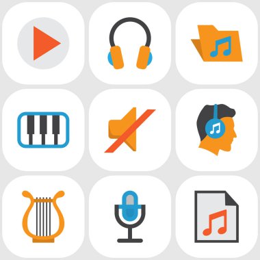 Ses düz simgeler kümesi. Portföy, sessiz, medya ve diğer öğeleri koleksiyonu. Ayrıca Harp, Synthesizer, ses gibi simgeler içerir.