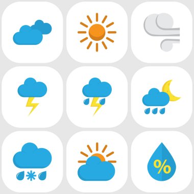 Meteoroloji düz simgeler kümesi. Güneş, bulutlu, Flash ve diğer öğeleri koleksiyonu. Ayrıca kar, kar fırtınası, fırtına gibi simgeler içerir.