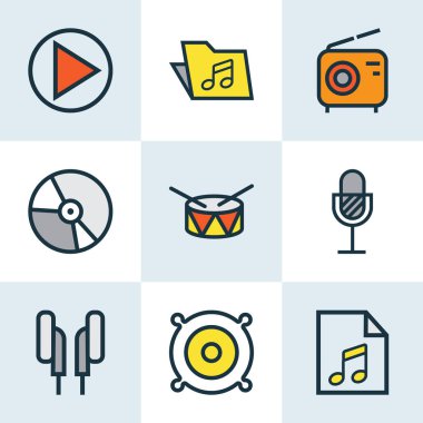 Ses renkli anahatlar küme. Hoparlör, amplifikatör, daire ve diğer öğeleri koleksiyonu. Ayrıca oyun, amplifikatör, paket gibi simgeler içerir.