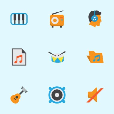 Müzik düz simgeler kümesi. Akustik, erkek, medya ve diğer öğeleri koleksiyonu. Ayrıca, Portföy, çalgı, piyano gibi simgeler içerir.