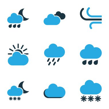 İklim Icons Set renkli. Yağmur fırtınası, çiseleyen yağmur, yağış ve diğer öğeleri koleksiyonu. Ayrıca bulutlu, tahmin, çiseleyen yağmur gibi simgeler içerir.