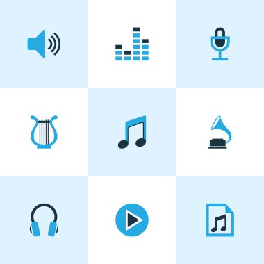 Müzik Icons Set renkli. Mikrofon, çalma listesi, Harp ve diğer öğeleri koleksiyonu. Ayrıca başlangıç, dosya, mikser gibi simgeler içerir.