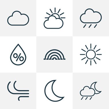 İklim özetliyor küme. Rüzgâr, yağmur fırtınası, yağmur ve diğer öğeleri koleksiyonu. Ayrıca çiseleyen yağmur, nem, güneş gibi simgeler içerir.