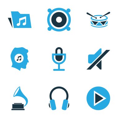 Müzik Icons Set renkli. Sessiz, gramofon, müzik aşığı ve diğer öğeleri koleksiyonu. Ayrıca Mike, sessiz, kulaklık gibi simgeler içerir.