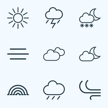 Hava durumu özetliyor küme. Rainbow, Rüzgar, güneş ve diğer öğeleri koleksiyonu. Ayrıca bulutlu, gece, gökkuşağı gibi simgeler içerir.