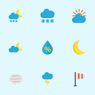 Meteoroloji düz simgeler kümesi. Koleksiyonu rüzgarlı, ayaz, damla ve diğer öğeleri. Ayrıca sembolleri böyle içerir olarak soğuk, Don, bayrak.