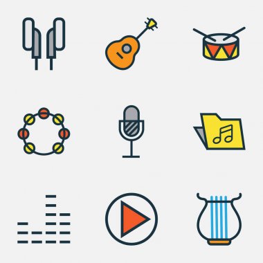 Multimedya renkli anahatlar küme. Şablon, dizeleri, varil ve diğer öğeleri koleksiyonu. Ayrıca kulaklık, ses, kulaklık gibi simgeler içerir.