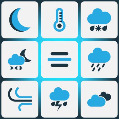Hava renkli simgeler kümesi. Blizzard, fırtına, termometre ve diğer öğeleri koleksiyonu. Ayrıca Rüzgar, yağmur fırtınası, fırtına gibi simgeler içerir.