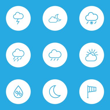 Meteoroloji özetliyor küme. Yağmur, damla, fırtınalı karlı ve diğer öğeleri koleksiyonu. Ayrıca ay, şimşek, yağmur gibi simgeler içerir.