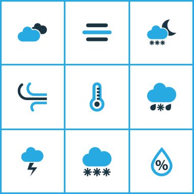 Meteoroloji Icons Set renkli. Soğuk hava, esinti, termometre ve diğer öğeleri koleksiyonu. Ayrıca soğuk termostat, esinti, gibi simgeler içerir.