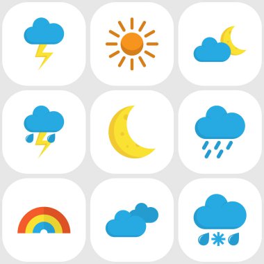 İklim düz simgeler kümesi. Güneş, yay, Drizzles ve diğer öğeleri koleksiyonu. Demilune, duş, sıcak gibi semboller de içerir.