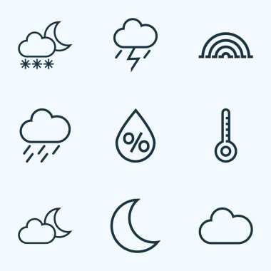 Doğa Ana hatlarıyla küme. Bulut, gökkuşağı, kar yağışı ve diğer öğeleri koleksiyonu. Ayrıca kar yağışı, bulut, bulutlu gibi simgeler içerir.