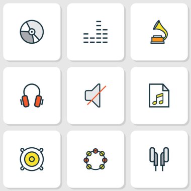 Müzik renkli anahatlar ayarla. Tef, hoparlör, kulaklık ve diğer öğeleri koleksiyonu. Ayrıca liste, tef, Gadget gibi simgeler içerir.