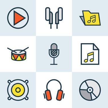 Müzik renkli anahatlar ayarla. Liste, daire, kulaklık ve diğer öğeleri koleksiyonu. Ayrıca varil, paket, ses gibi simgeler içerir.