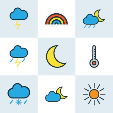 Meteoroloji renkli anahatlar ayarla. Lunar topluluğu, ay ışığı, gökkuşağı ve diğer öğeleri. Ayrıca güneş, bulut, termometre gibi simgeler içerir.