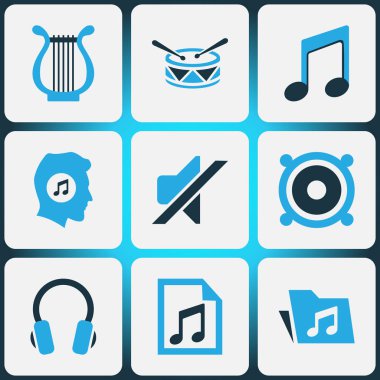 Müzik Icons Set renkli. Davul, sessiz, çalma listesi ve diğer öğeleri koleksiyonu. Ayrıca sessiz, davul, varil gibi simgeler içerir.