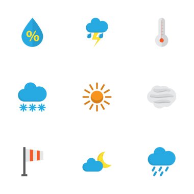 Meteoroloji düz simgeler kümesi. Güneş topluluğu, afiş, rüzgarlı ve diğer öğeler. Ayrıca güneş ay, damla, gibi simgeler içerir.