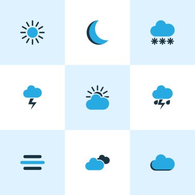Meteoroloji Icons Set renkli. Bulutlu gökyüzü, yıldırım, meltem ve diğer öğeleri koleksiyonu. Ayrıca ay, bulut, hava durumu gibi simgeler içerir.