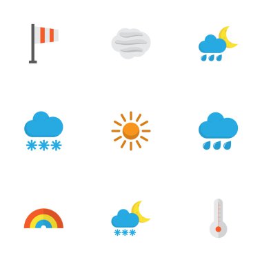 İklim düz simgeler kümesi. Sıcaklık, afiş, kar ve diğer öğeleri koleksiyonu. Frost, kış, sıcak gibi semboller de içerir.