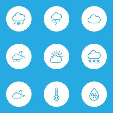 Meteoroloji özetliyor küme. Yıldırım, kar, damla ve diğer öğeleri koleksiyonu. Fırtına, damla, fırtına gibi semboller de içerir.